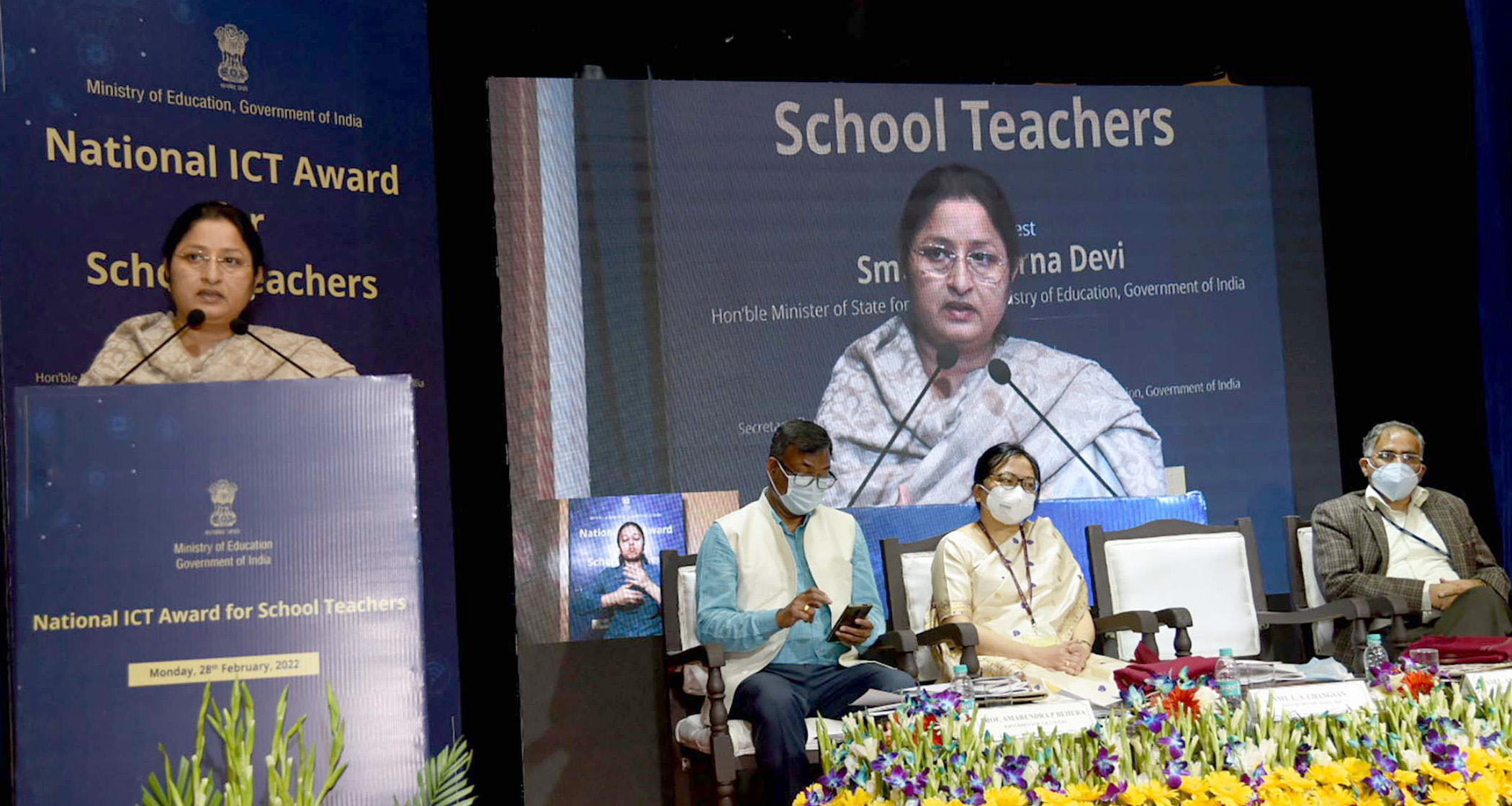 The Minister of State for Education, Smt. Annpurna Devi addressing at the presentation of the National ICT Award Ceremony for School Teachers, in New Delhi on February 28, 2022.