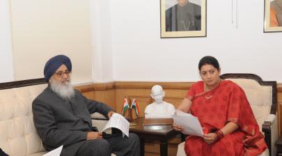 The CM of Punjab, Shri Prakash Singh Badal calling on the Union Minister for HRD,in New Delhi on February 12, 2015. 