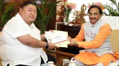 The Education Minister of Nagaland, Shri Temjen Imna Along calling on the Union Minister for Human Resource Development, Dr. Ramesh Pokhriyal ‘Nishank’, in New Delhi on September 04, 2019.