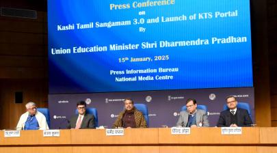 The Union Minister for Education, Shri Dharmendra Pradhan launch Kashi Tamil Sangamam 3.0 of KTS portal in National Media Centre, New Delhi on January 15, 2025.